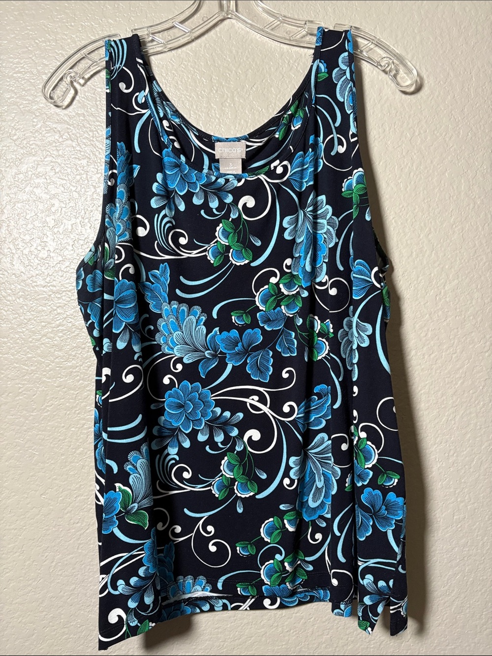 Chico's Navy Floral Scoop Neck Tank with Blue & Green Blooms